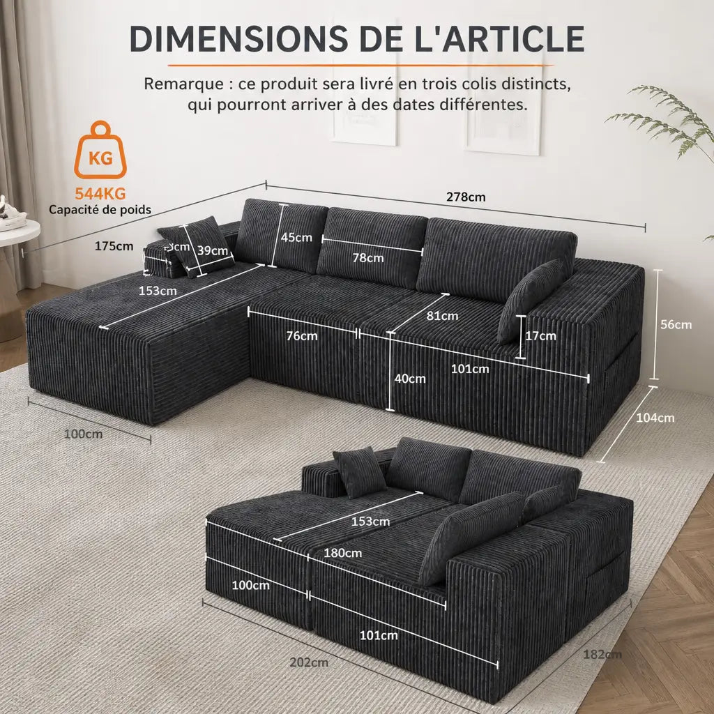 NOBLE - Canapé convertible 3 places en velours en forme de L | Aurena Paris